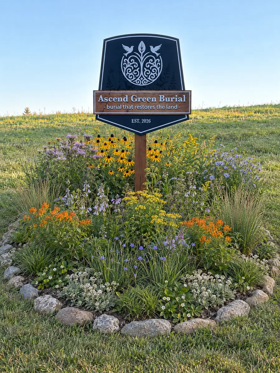 The Ascend Green Burial entrance sign, reading burial that restores the land, above a bed of native wildflowers